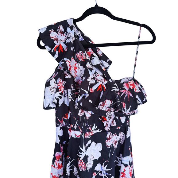 Jason Wu Floral One Shoulder Midi Dress 0 Black Wedding Guest Event Cocktail - Picture 11 of 12